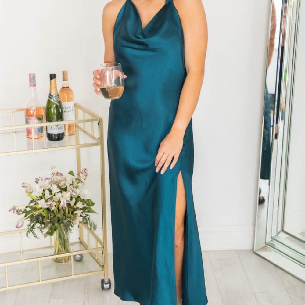 Hunter green satin midi dress